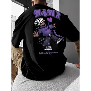 Men's  Stree twear T-Shirt Compatible for Urban Fashion - Graffiti Lettering & Cartoon Character Print Short Sleeve Tee, Loose Fit Round Neck Summer Casual Shirt with Urban Aesthetic - Ideal for Outings & Parties