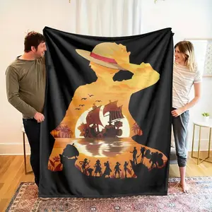 Sunset Pirate Ship One Piece Flannel Blanket Tropical Adventure Silhouette, Lightweight Flannel Throw Blanket – Soft Cozy Car Print Blankets for Couch, Bed, Kids, Adults, Dogs & Cats, Bedroom Travel Camping Anime