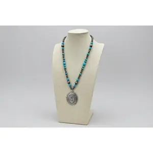Faux Turquoise & Concho Pendant and Faux Sterling Pearl Necklace - 21 inch + 3