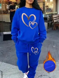 【Plus Size】 Two-Piece Set Heart Print Sweatshirt & Pants Set, Casual Long Sleeve Pullover & Trousers, Women's Fall & Winter Clothes for Daily Wear