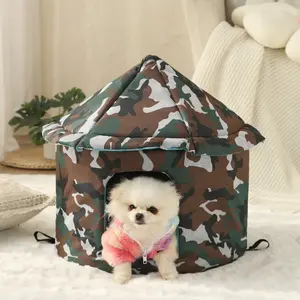 Cat House for Outdoor Stray Feral Cats Dogs Weatherproof Warm Insulated Foldable Pet Cave Shelter with Transparent Curtain Tent Stakes Camouflage Green Design Indoor Outdoor Wild Animal House