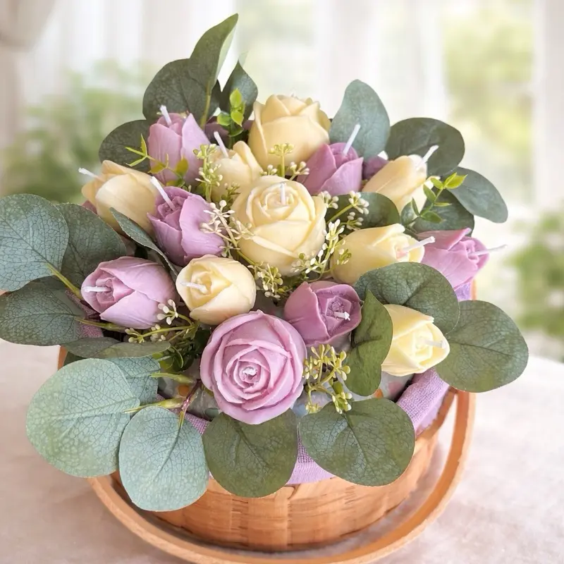 Candle Flower Bouquet - Pastel Rose & Eucalyptus Decorative Arrangement for Home Decor