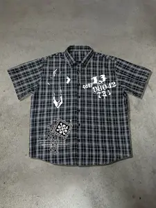 Punk Skull Graphic Plaid, Checked Short-Sleeve Shirt - Oversized Button-Up Fit, Featuring Distressed Splatter Prints, Skull & Crossbones Badge, DNA Chain Motifs And Graffiti Lettering, Ideal For Daily Wear, Street Style Outings, Punk Gatherings