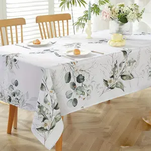 1 piece of washable rectangular tablecloth -100% polyester fiber, machine washed with green leaf and floral patterns, suitable for indoor/outdoor use, kitchen, dining, terrace, picnic decoration, naturally inspired design