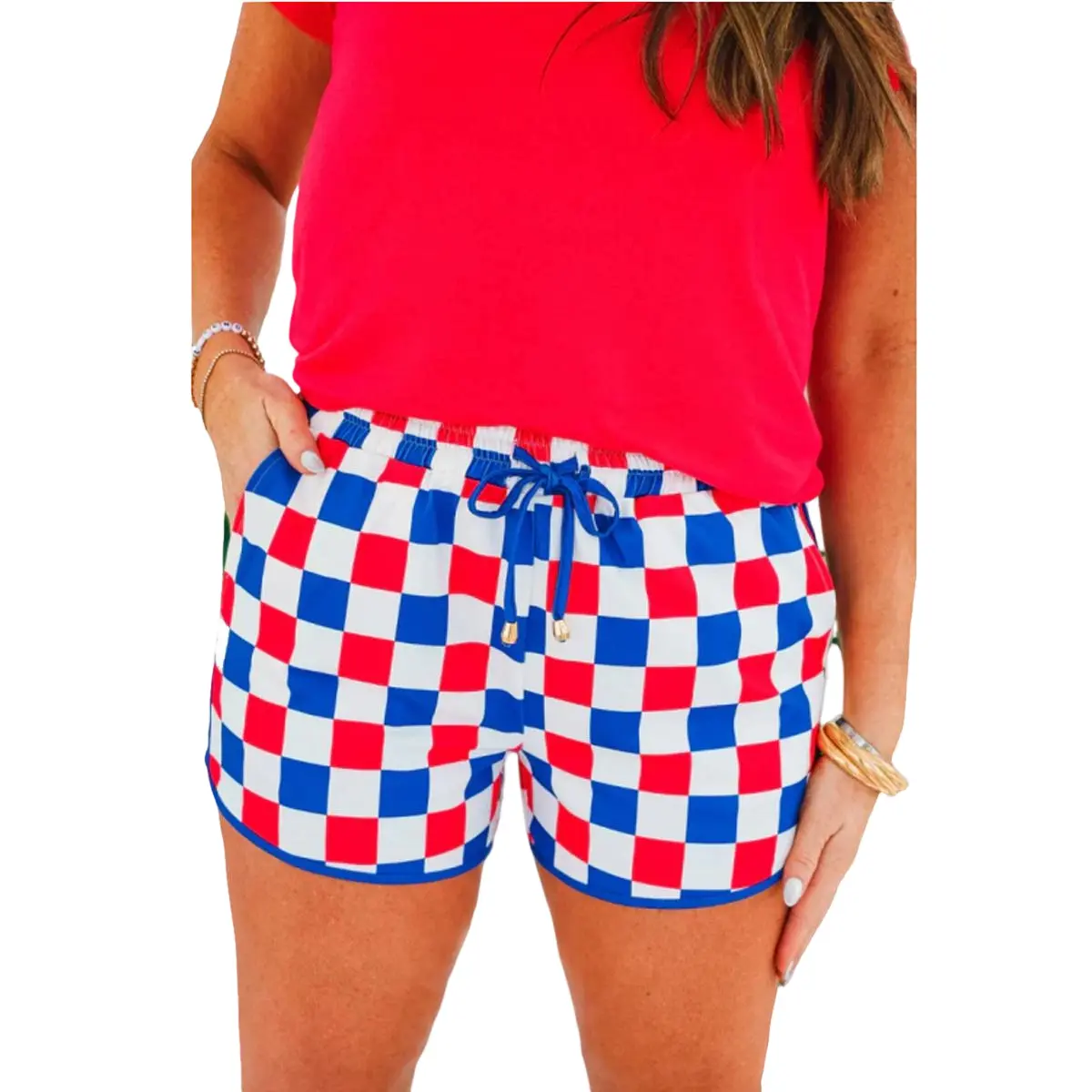 Women's Chic Checkerboard Shorts with Pockets, Casual High Waisted Summer Style with a Stretchy Drawstring Waist