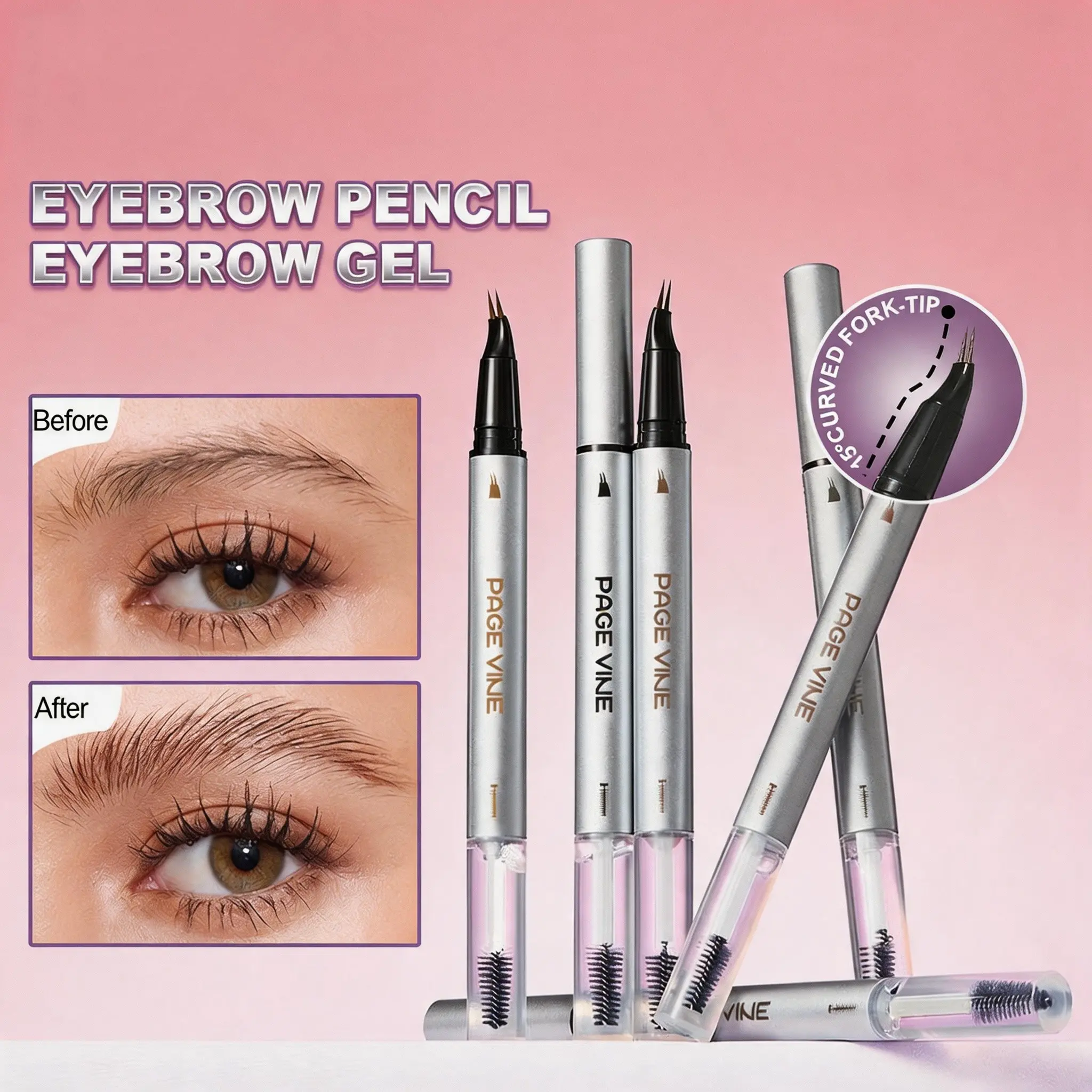 Dual Fork Brow Pencil & Brow Wax, 2-in-1 Wild Brow Styling Pen, Long-Lasting Non-Fade, Ideal for Beginners, Brow Gel Duo, Everyday Brow Set, Eyebrow Set