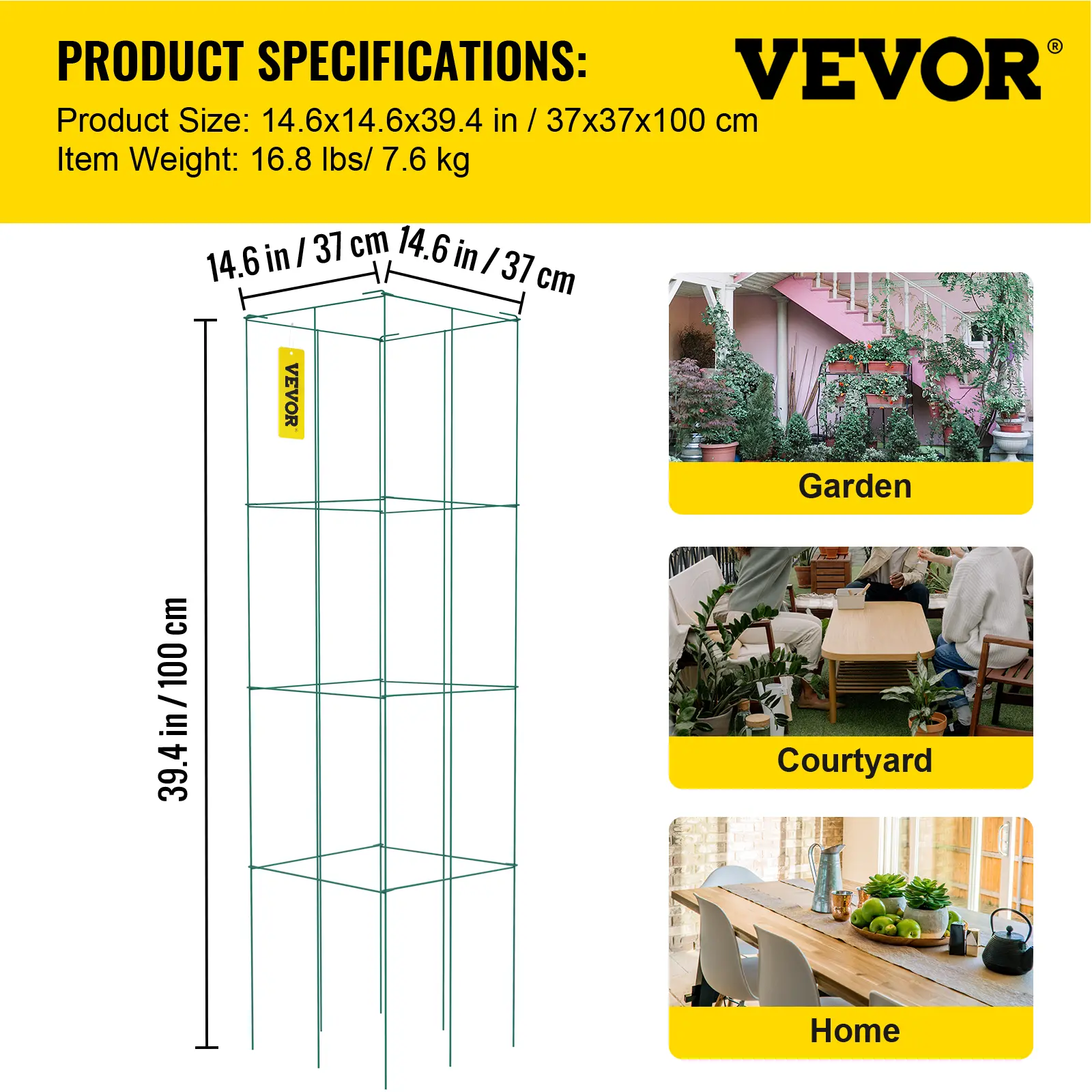 VEVOR 6-Pack Foldable 3-Tier Square Frame Metal Tomato Cages, 14.6"x14.6"x39.4" Green PVC-Coated Steel Vertical Planter Towers, Garden Supplies for Outdoor Climbing Plants, Courtyard