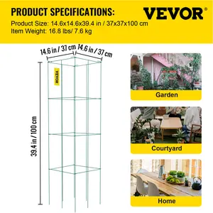 VEVOR Tomato Cages, 14.6\" x 14.6\" x 39.4\", 6 Packs Square Plant Support Cages, Green PVC-Coated Steel Tomato Towers for Climbing Vegetables, Plants, Flowers, Fruits