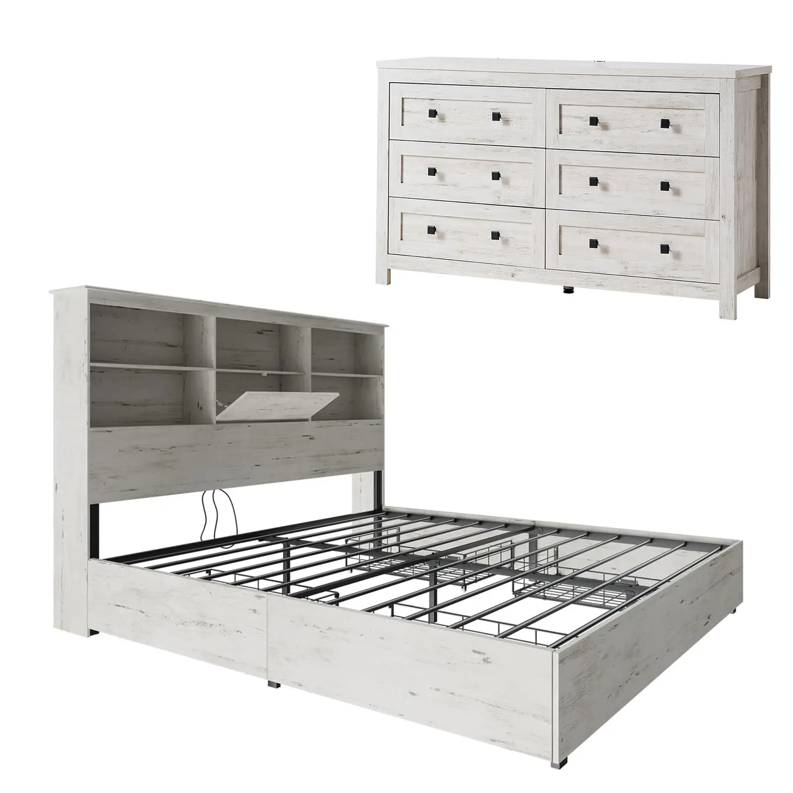 VanAcc 2-Piece Bedroom Set, Farmhouse Bed Frame and 6 Drawers Dresser, Wooden Storage Bed with Charging Station & 4 Drawers, Rustic Chest of Drawers Closet Organizer for Bedroom