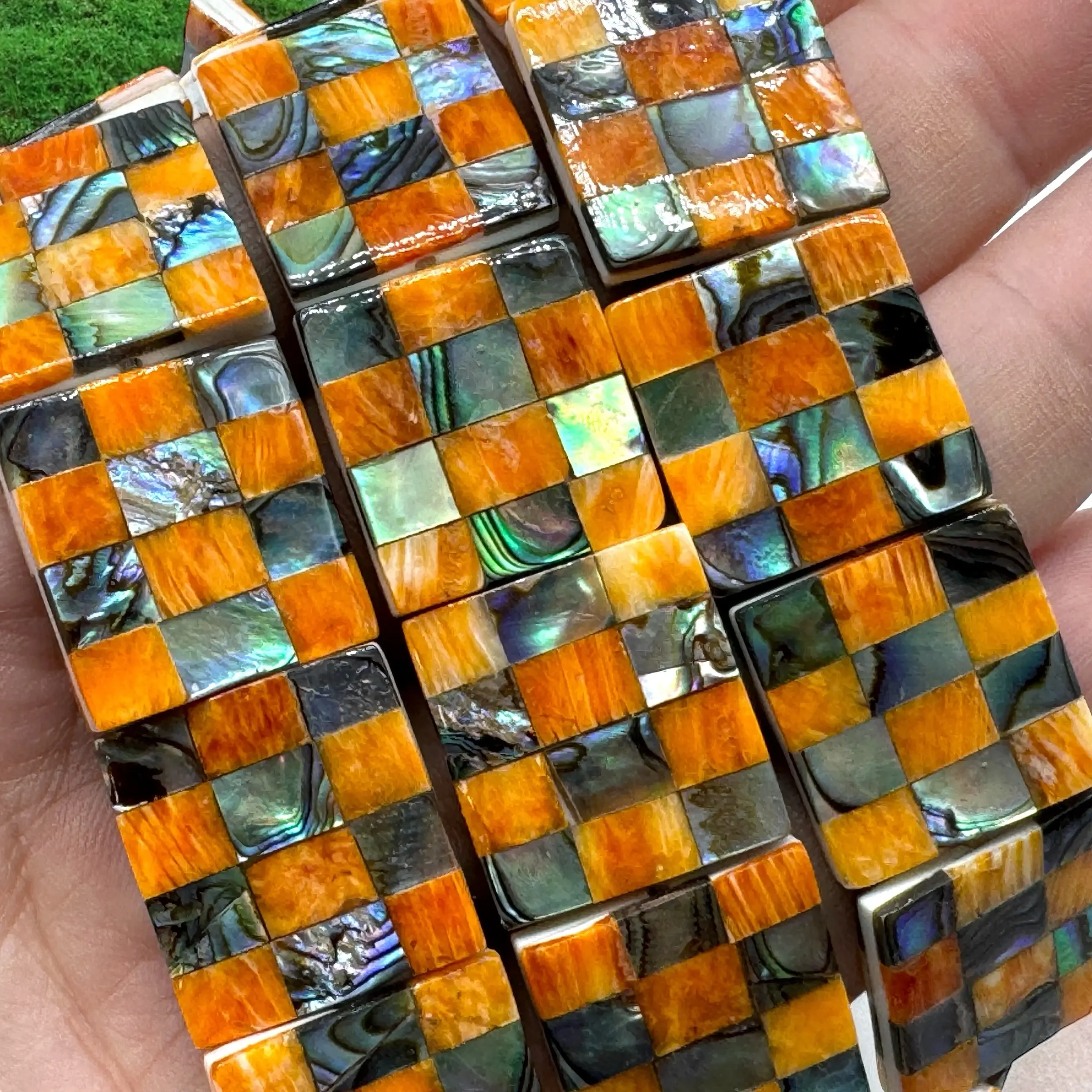 Spiny Oyster & Abalone Shell Beads - Square 20mm - Native American Style - Double-Sided Reversible (Handcrafted Square-Mosaic Inlay Artistry with Meticulous Workmanship) DIY Jewelry Making