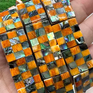 Spiny Oyster & Abalone Shell Beads - Square 14mm - Native American Style - Double-Sided Reversible (Handcrafted Square-Mosaic Inlay Artistry with Meticulous Workmanship) DIY Jewelry Making