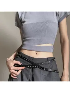 Punk denim style double ring belt for women 2024 new bucket nails extra long thin belt casual versatile rivet belt