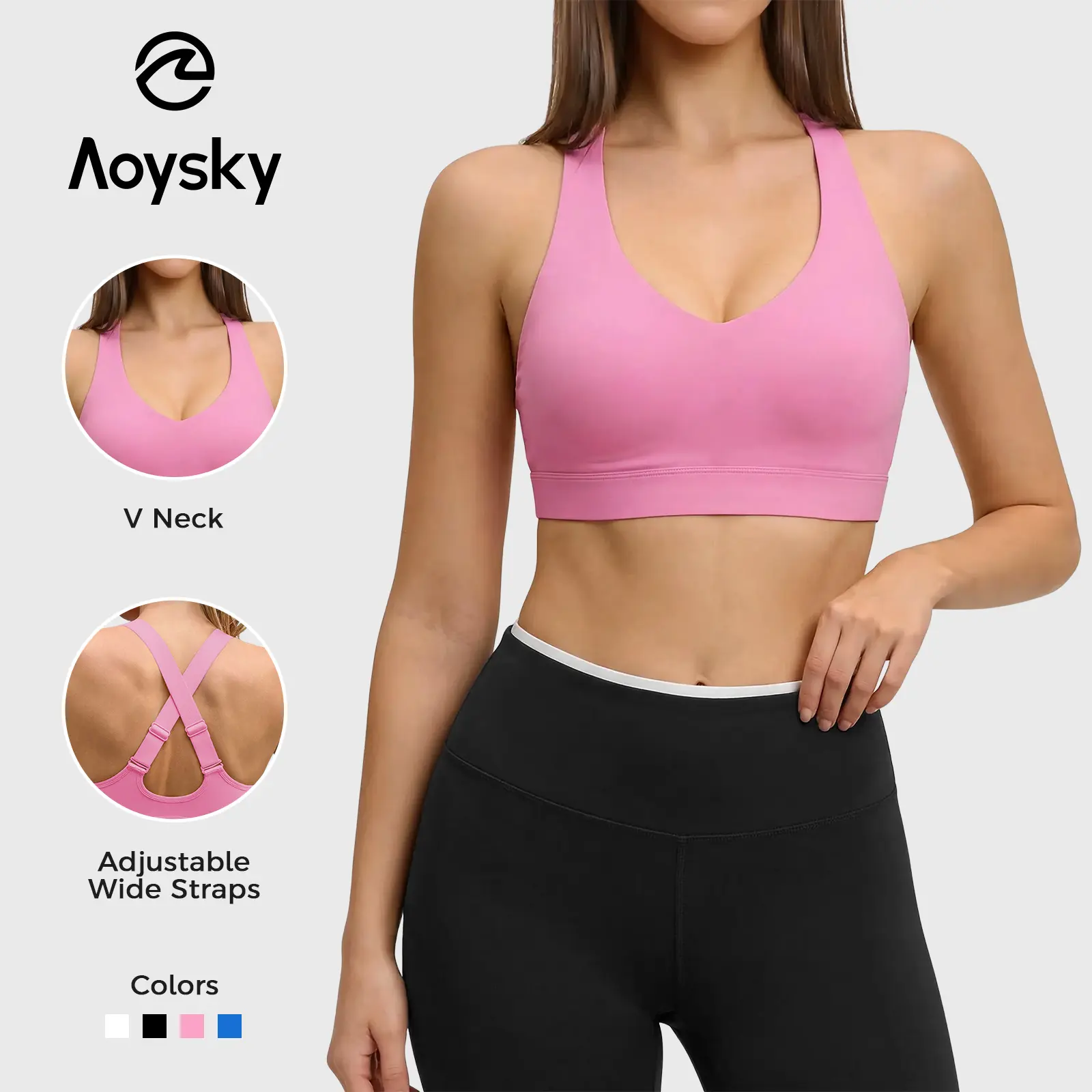 Aoysky Women's V-Neck Adjustable Strap Criss Cross Back Racerback Sports Bra - Exercise Crop Top for Yoga Workouts, Versatile Everyday Bras, Racerback Everyday Bras
