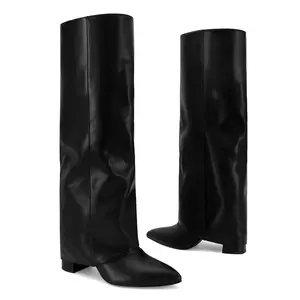SOVANYOU  Fold Over  Boots for Women Knee High Boots Block High Heel Almond Pointed Toe Boots Pull-on Wide Calf Fall Boots For Women