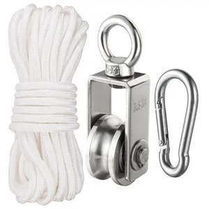 Heavy Duty Stainless Steel Cable Pulley Block with Double Bearing – Includes 32ft Nylon Rope & Hook, Swivel Single Pulley Wheel, Supports up to 551 lbs – Ideal for Lifting & Loading Systems