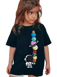 Kids' 100% Cotton Regular Sleeve Astronaut Ice Cream T-Shirt - Breathable Fabric, Planet Prints, Tag-Free Space Graphic Top for Boys, Girls