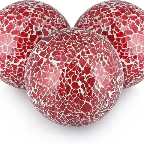 4" Decorative Orbs, Mosaic Sphere Balls, Centerpiece Balls for Bowls, Vases, Dining Table Decor, Pack of 3 (Red)