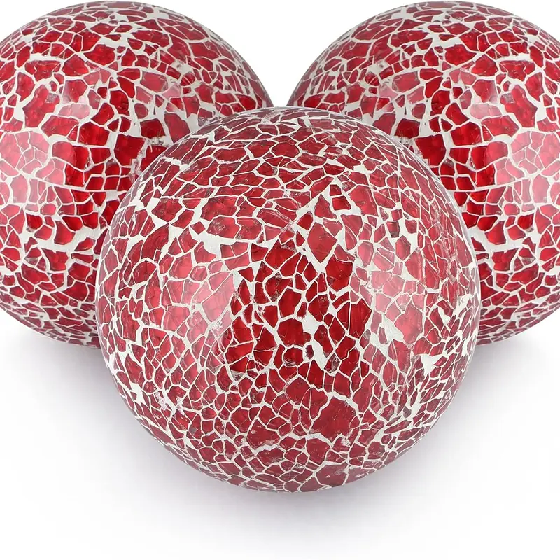 4" Decorative Orbs, Mosaic Sphere Balls, Centerpiece Balls for Bowls, Vases, Dining Table Decor, Pack of 3 (Red)