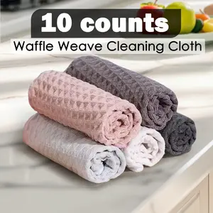 10 Counts Waffle Weave Cleaning Cloths, Absorbent, Lint - Free Kitchen Dishwashing Cloth with an Upgraded Pineapple Lattice Design. Made of Microfiber, Available in Random Colors