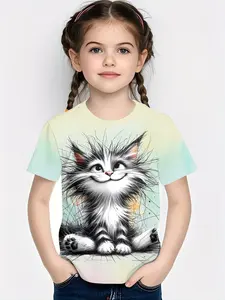 Cartoon Print Short Sleeve T-Shirt, Girls' Summer New Arrival, Loose-Fitting Round Neck Medium Length Casual Top