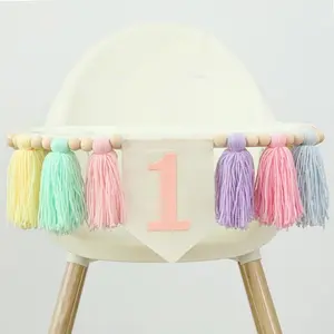 Handmade 1st Birthday High Chair Banner Wood Bead Tassel Garland For Baby Girls First Birthday Party Decorations Princess Photoshoot Props
