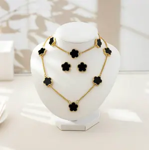 5-Pcs Lucky Flower Alloy Jewelry Set, Lucky Flower Alloy Jewelry, Lucky Flower Design Necklace Earrings Bracelet Bangle Ring Jewelry Set, Clover Gold Plated Chain Wrap Ornament & Plush Pouch for Women