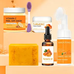 Turmeric Skin Care Kit, 6 Counts/set Including Soap & Face Cream & Mousse Cleanser & Face Oil & Vitamin C Peel Off Mask & Soap Bag, Skin Care Kit for Women & Men, Radiant