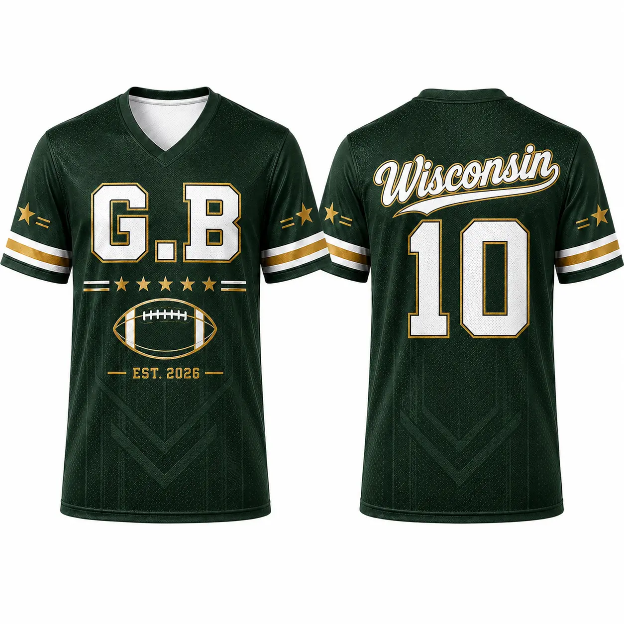 Unisex G.B 10 V-Neck Football Print Sports Jersey Tee - Green Gold Wisconsin-Inspired Short Sleeve Athletic Top, Sporty Chic for Watch Party, Back to School Haul, Game Day Outfits