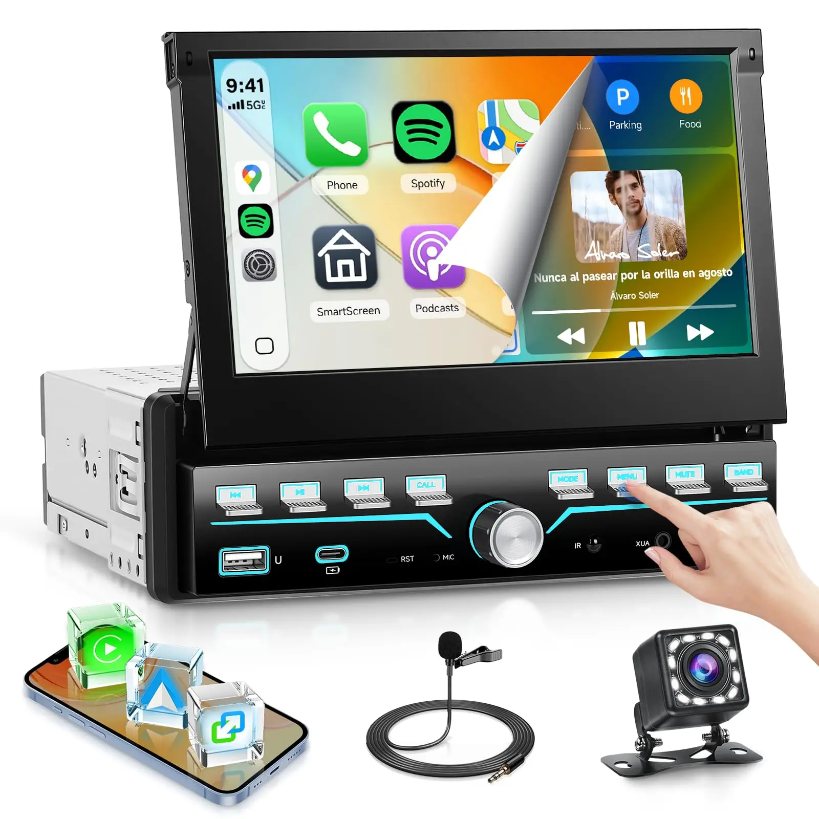 HIKITY 7'' Flip Out Screen Single Din Car Stereo with Piano Keys,Wireless CarPlay Android Auto,HD IPS Touchscreen Radio with Bluetooth,FM Radio Car Radio Support USB/Type-C,Mirror Link, Stereo with Camera
