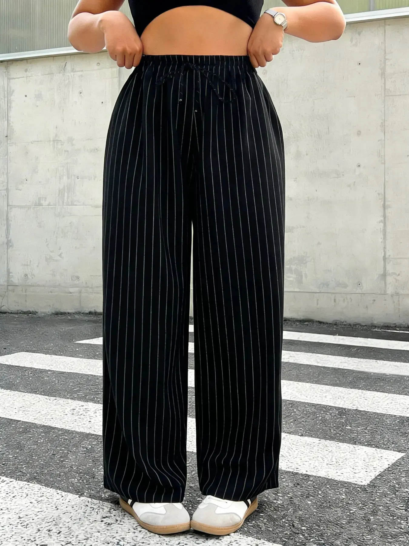 Fashion Stripe Print Wide-Leg Pants with Drawstring Waist Vintage Look, Adjustable, Curve Plus Size Loose Casual Striped Trousers Y2K Clothes Street Style Daily Office Wear Trendy Date Outfits Elegant Commute Wear