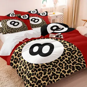 American Vintage Leopard Print 8 Ball Duvet Cover Set with and Red Black Color Block and Leopard Design, Soft and Comfortable Bedroom Decor, Y2K Galaxy Girl Style Bedding, 1 Duvet & 1-2 Coreless Pillowcases