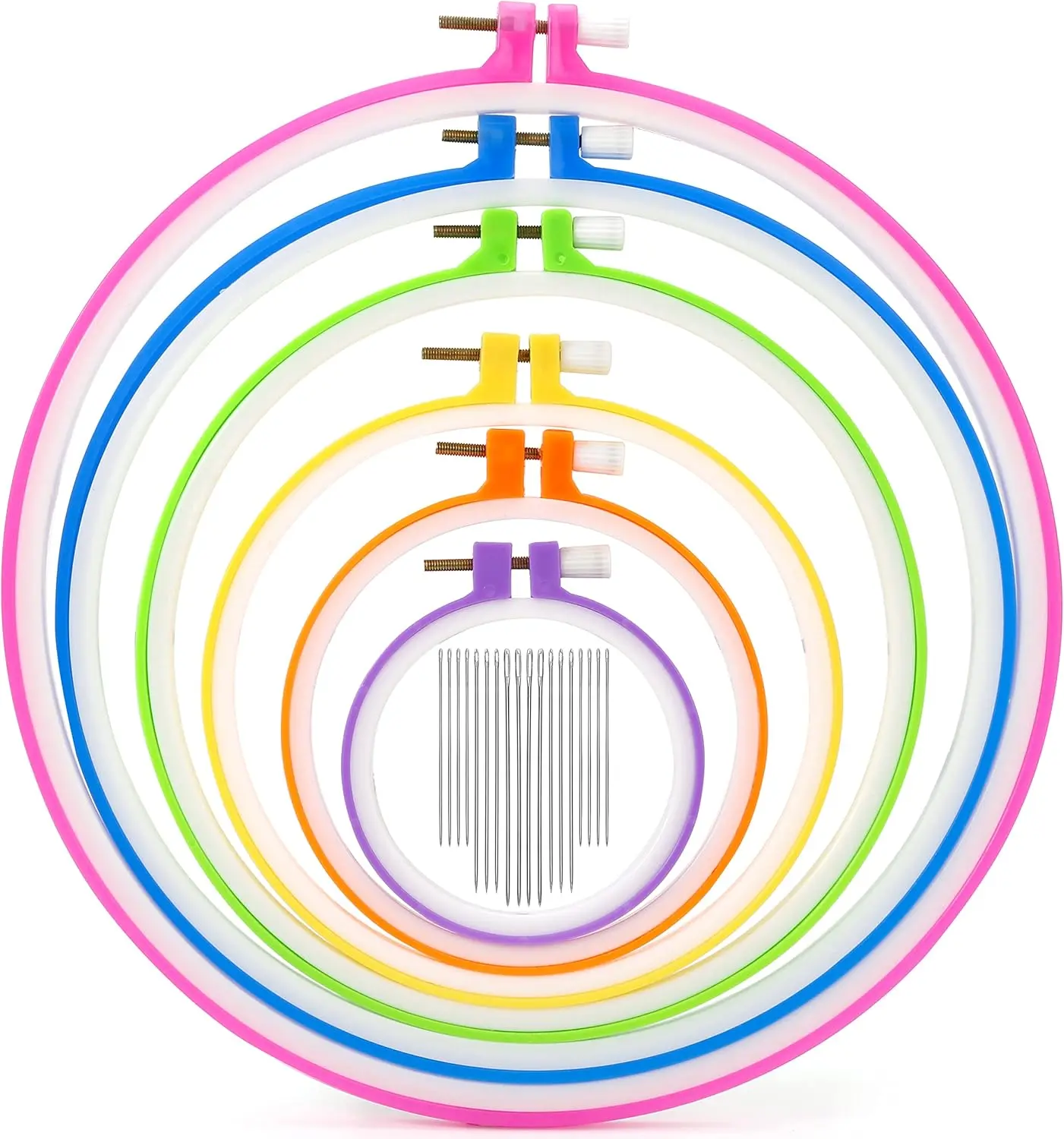 Reusable Lightweight Plastic Embroidery Hoops Set - 6 Colorful Rings (3.4inch, 6inch, Up to 10.2inch), 16 Needles, Cross Stitching DIY Needlework Accessories