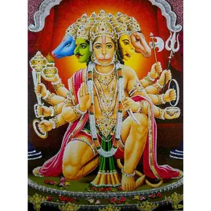 Unframed Art - Panchmukhi Lord Hanuman/ Religious Hindu God Poster with Glitter effect-24X36 - Canvas Poster Decor Room Artistic Ornaments Print Wall