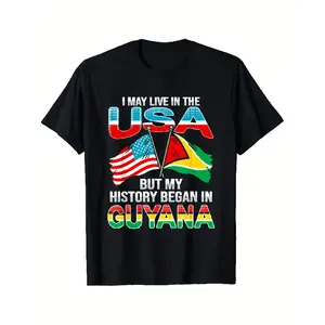 Guyana Pride T-Shirt - "I May Live in USA But My History Began in Guyana" Graphic Print, Unisex Vintage Crew Neck Tee with Guyanese Flag Colors, Soft Breathable, Casual Comfort Fit for Men & Women, Cultural Gift Apparel