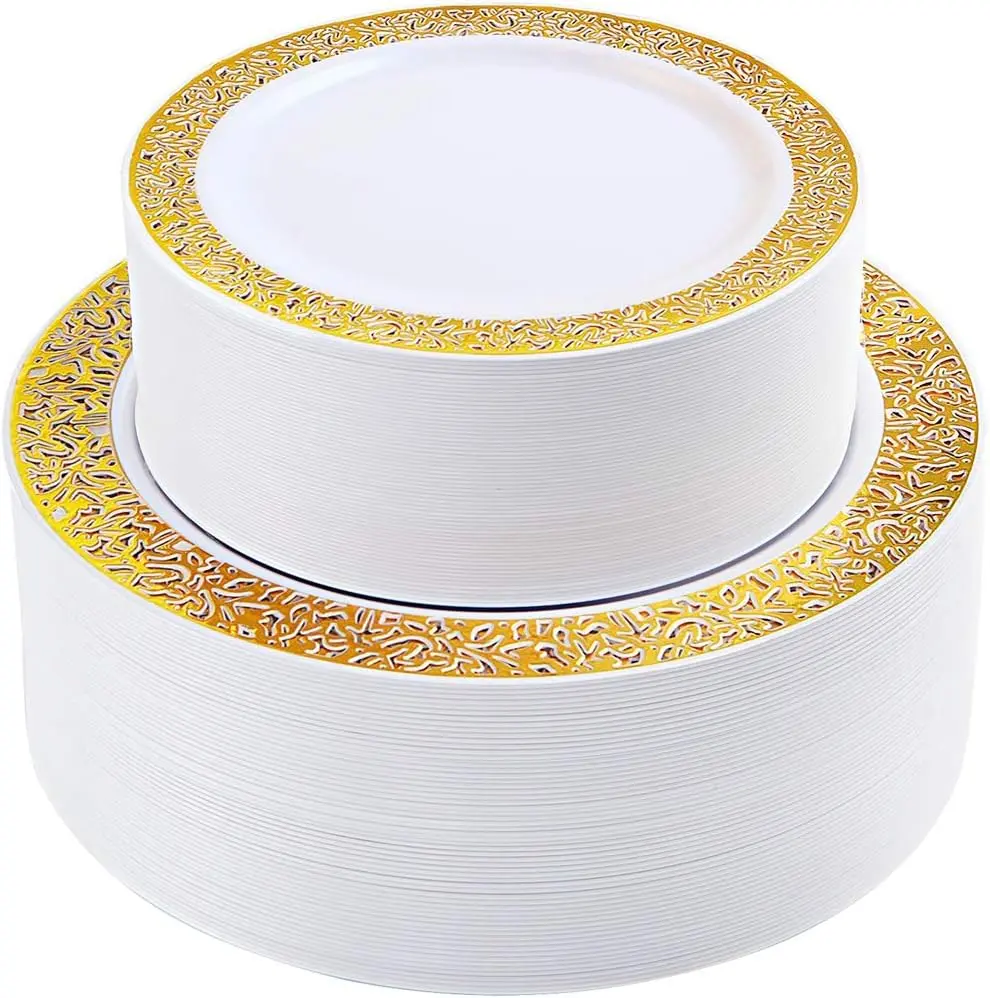 I00000 200pcs Gold Plastic Plates, White and Gold Disposable Plates White Gold Rim Include 100 Heavy Duty Dinner Plates 10.25 Inch and 100 Dessert Appetizer 7.5 Inch Perfect for Party, Wedding, Birthday