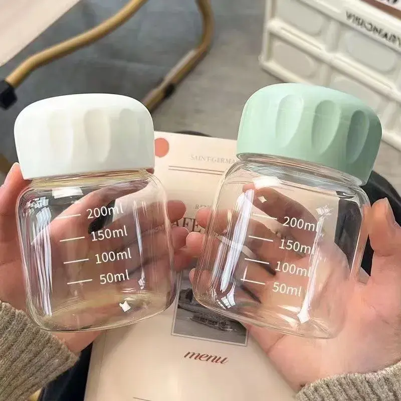 200ml Glass Milk & Shake Cup with Measurement Marks Leakproof Twist Lid Reusable Washable Beverage Tumbler Stylish Drinkware