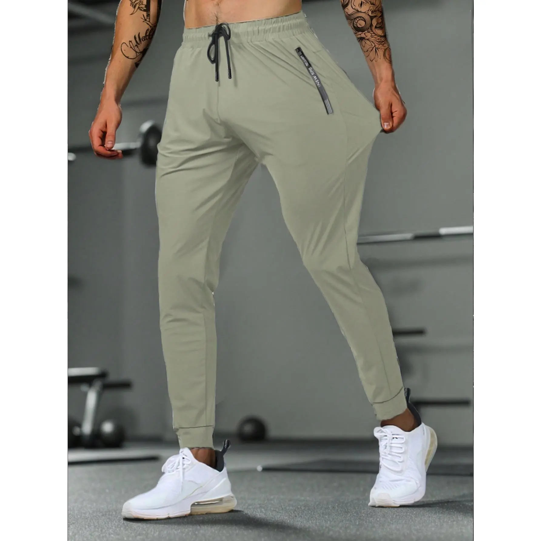 Men's Stretchy Casual Pants With Zipper Pockets & Adjustable Waist, Ideal For Summer Workout And Training, Machine Washable, Reflective