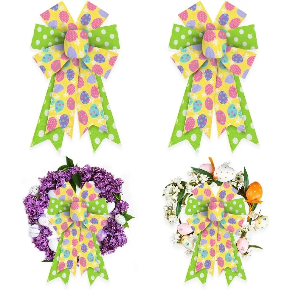 2 Pieces Easter Bows for Wreath  Happy Green Yellow Burlap Colorful Eggs Front Door Spring Birthday Party Decorations