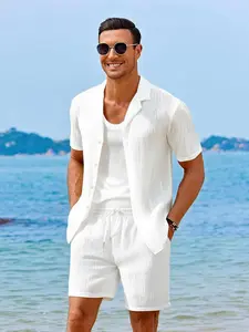 Men's Textured Stretchable Short Sleeve Set, Luxurious Vacation Style, Pleated Fabric, Western Collar Shirt, Elastic Waist Shorts, Summer Beachwear
