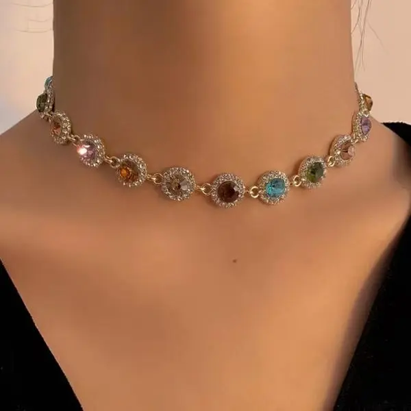 1pc Women's Y2K Style Choker Necklace - Multicolor Synthetic Gemstones, Zinc Alloy Mosaic Jewelry | Elegant Design | Perfect for Daily Wear, Banquets & Weddings