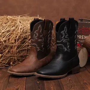 【Rodeo Boots】Wranglette Men's Two-Tone Western Cowboy Boots - Brown & Dark Brown Faux Leather with Contrast Embroidery, Square Toe & Block Heel | Trendy Country, Casual & Rodeo Footwear for TikTok Fashion-Forward Guys