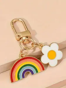 1/20pcs Rainbow Heart Pendant Floral Pattern Keychain – Vibrant Golden-Tone Metal Accessory with Colorful Striped Rainbow & White Daisy Design for Phones, Cars, and Backpacks