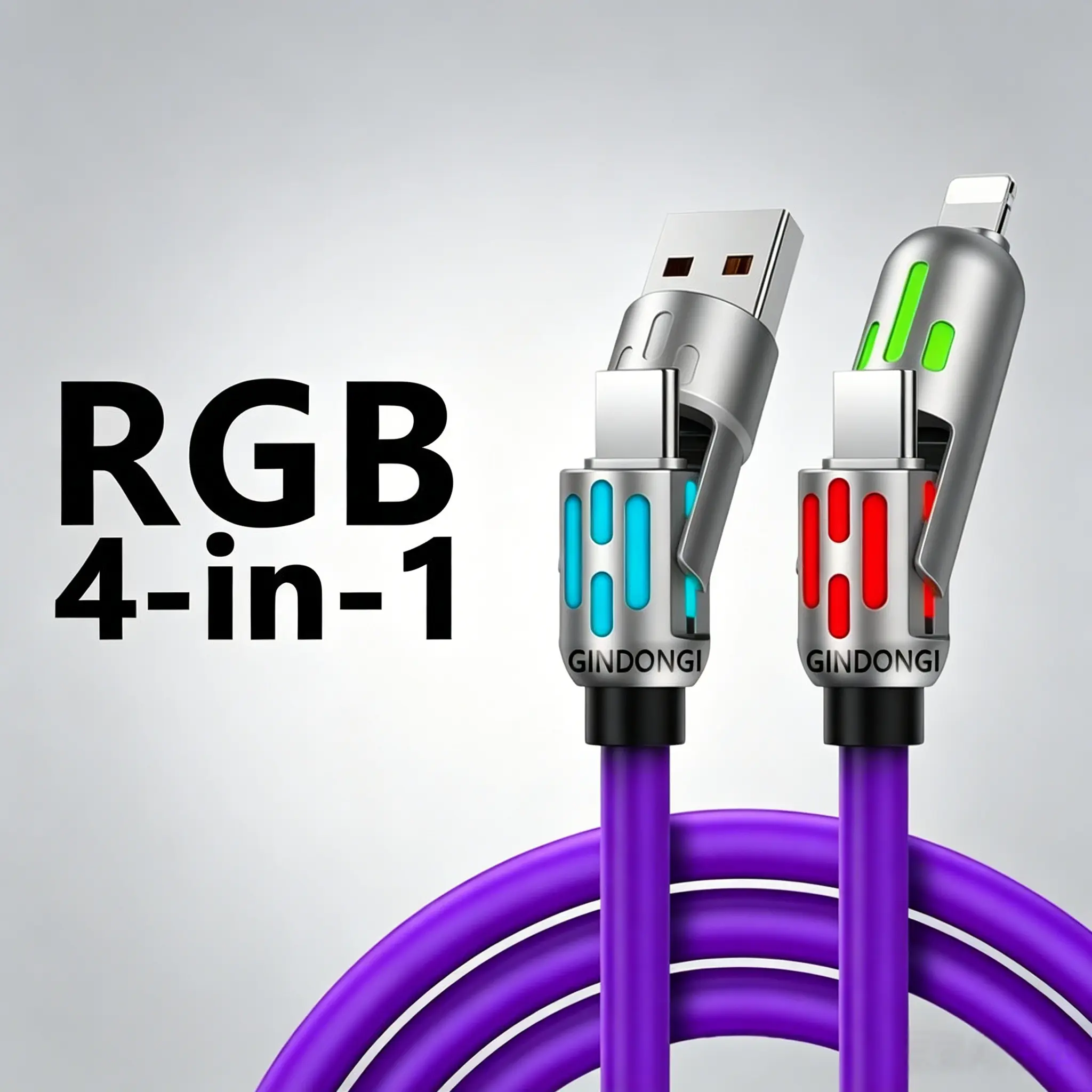 4-in-1 Fast Charging USB Cable for Smartphone, Cellphone & Mobile Devices - USB A-Type C-Lightning Compatibility, High-Power Charging, Data Transfer, Breathing Light (Party Bag Gift, Home Supply), Breathing Light Glow, Fast Charge Boost, Glow For Charging