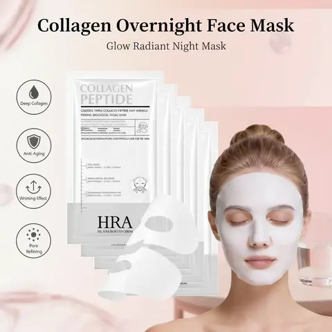 【HRA Official】Collagen Face Mask - Overnight Hydrating Tightening Jelly Mask for Female All Skin Types, Anti-Wrinkle, Pore-Refining, Absorbable Hydrolyzed Collagen, Becomes Transparent, 1.06oz(30g)x5 Night Routine, Glowing Skin, Free Samples