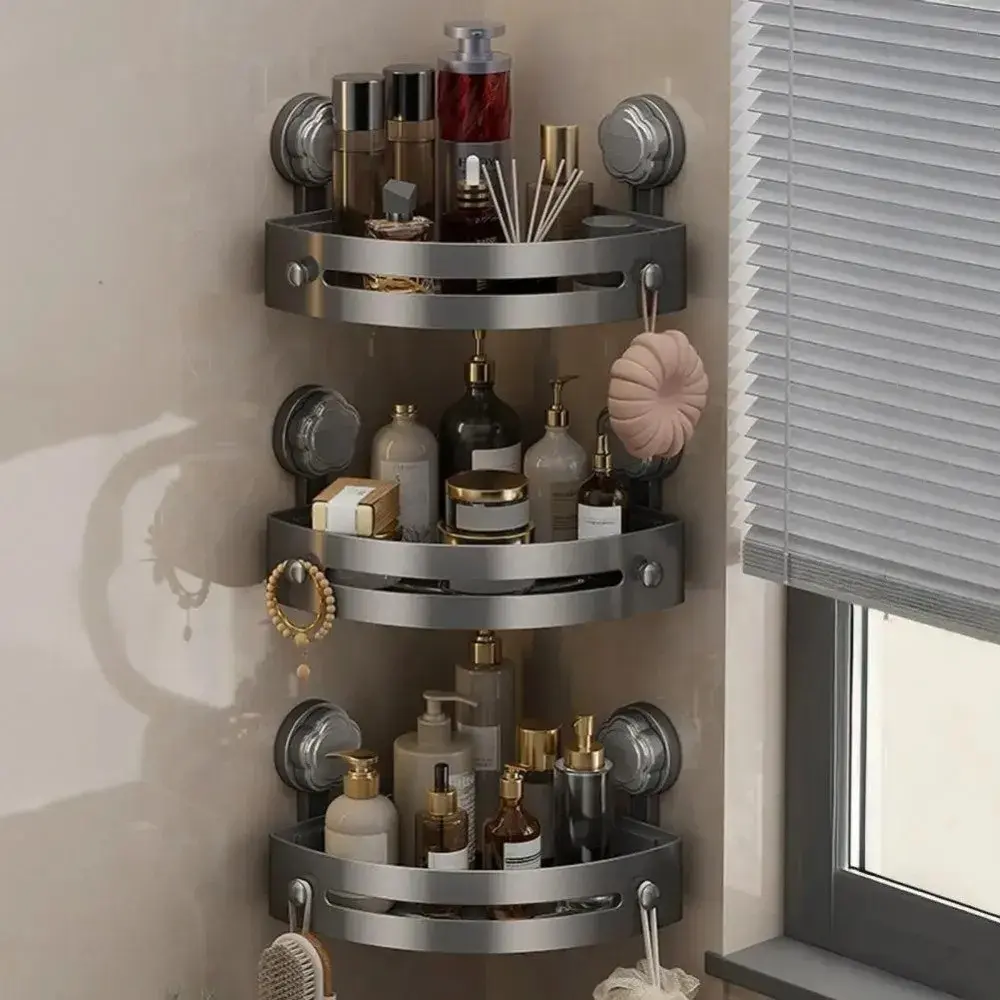 Gunmetal Gray 3-Tier Suction Corner Shower Caddy, Rustproof ABS Bathroom Organizer Shelf , great for shower, toilet and kitchen storage