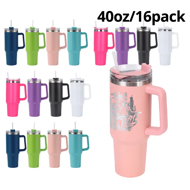Besin 16-Pack 40oz Laser Engraved Stainless Steel Tumblers - Double Wall Insulated Anti-Leak Constant Temperature Hot & Cold Water Vacuum Flasks with Leak-Proof Lid, Removable Handle, Straw - Portable Kitchenware for Outdoor Sports, Festive Gifts, Anti-Le