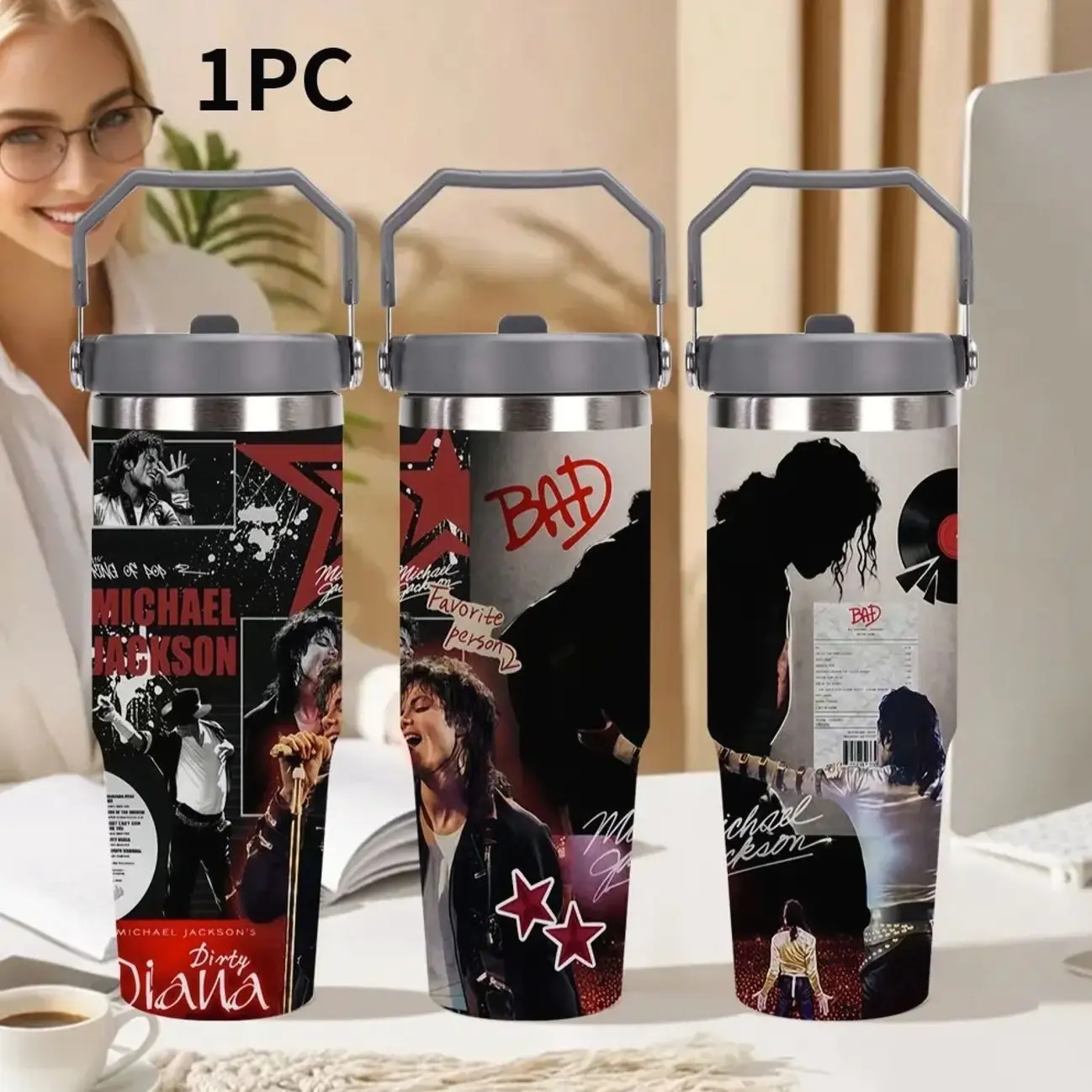 1pc Michael Jackson 30oz/32oz Stainless Steel Insulated Water Bottle, Portable Travel Tumbler, Flip Lid & Handle, Vacuum Thermal Cup, Fan Merch Gift