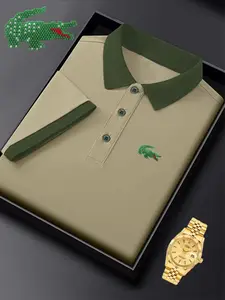Ff4986 Fashion Crocodile Print Polo Shirt, Casual Fitted Short Sleeve, Breathable and Stretchy, All-Season Men's Top, Bestseller Style