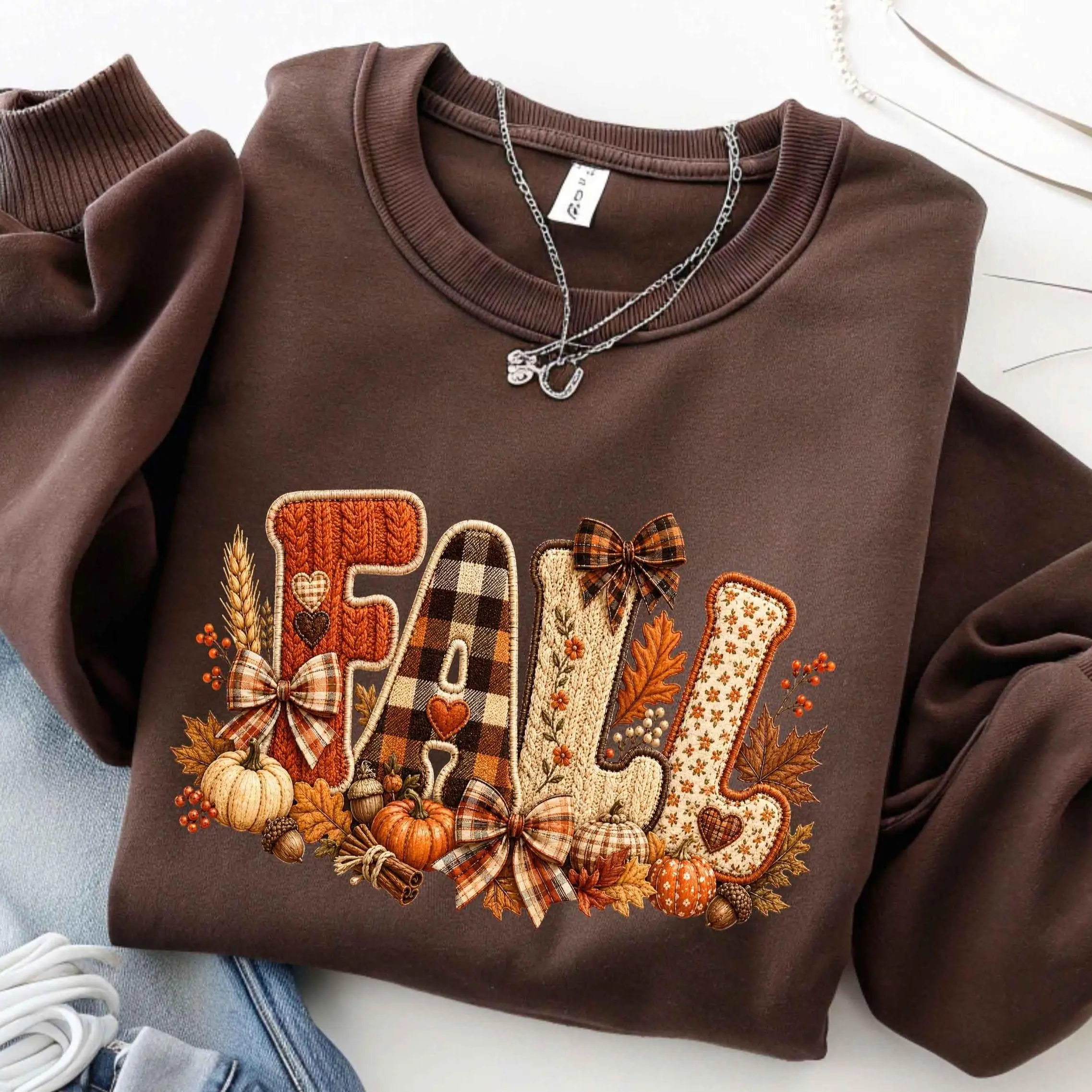 Faux Patchwork Floral Fall Sweatshirt, Coquette Pumpkin Bow Sweater, Cozy Thanksgiving Gift For Her, Floral Autumn Sweater, Cozy Fall Gift