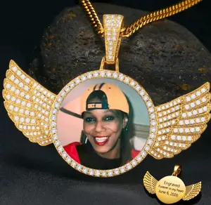 Personalized Diamond Studded Angel Wings Photo Necklace | Custom Photo Necklace | Engraving
